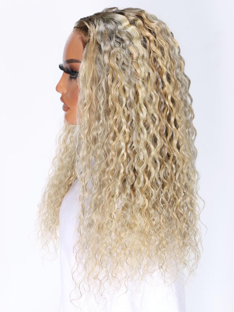 13x4 Lace Front Glossy Blonde With Silver Highlight Water Wave Wig