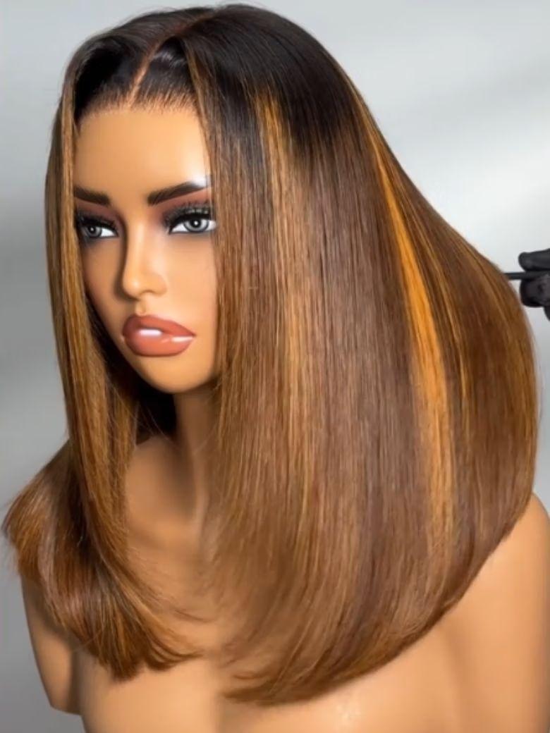 7x5 Bye-Bye Knots & 13x4 Pre-Everything Lace Brown With Blonde Piano Highlights Blunt Bob Wig with Dark Roots