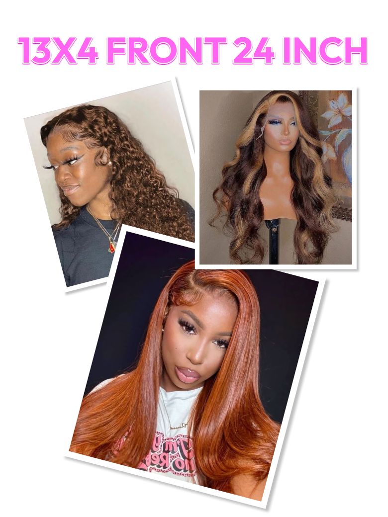 [All 24"=$149] 200%/ 180% Density 13x4 Front Lace Chocolate Brown/ Honey Highlights/ Burnt Orange Wigs