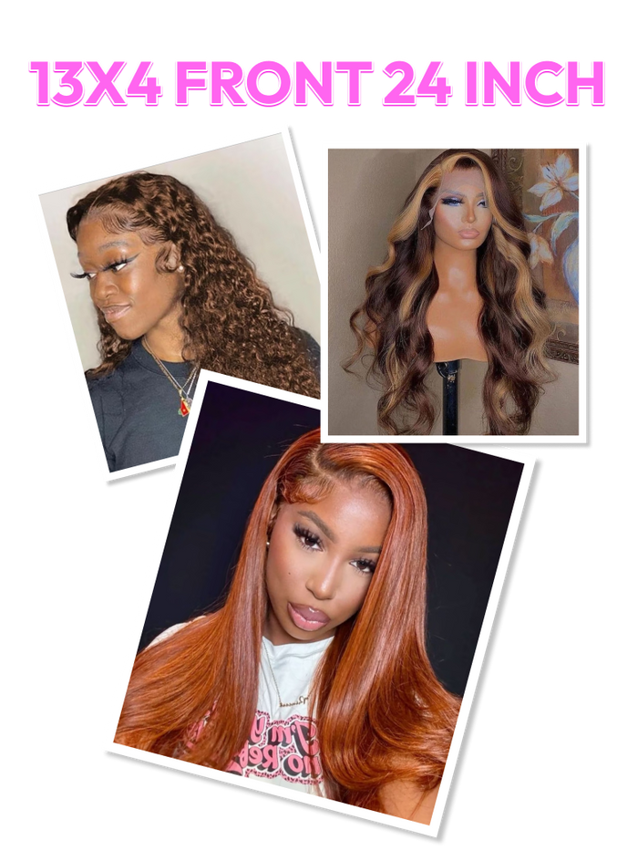 [All 24"=$149] 200%/ 180% Density 13x4 Front Lace Chocolate Brown/ Honey Highlights/ Burnt Orange Wigs