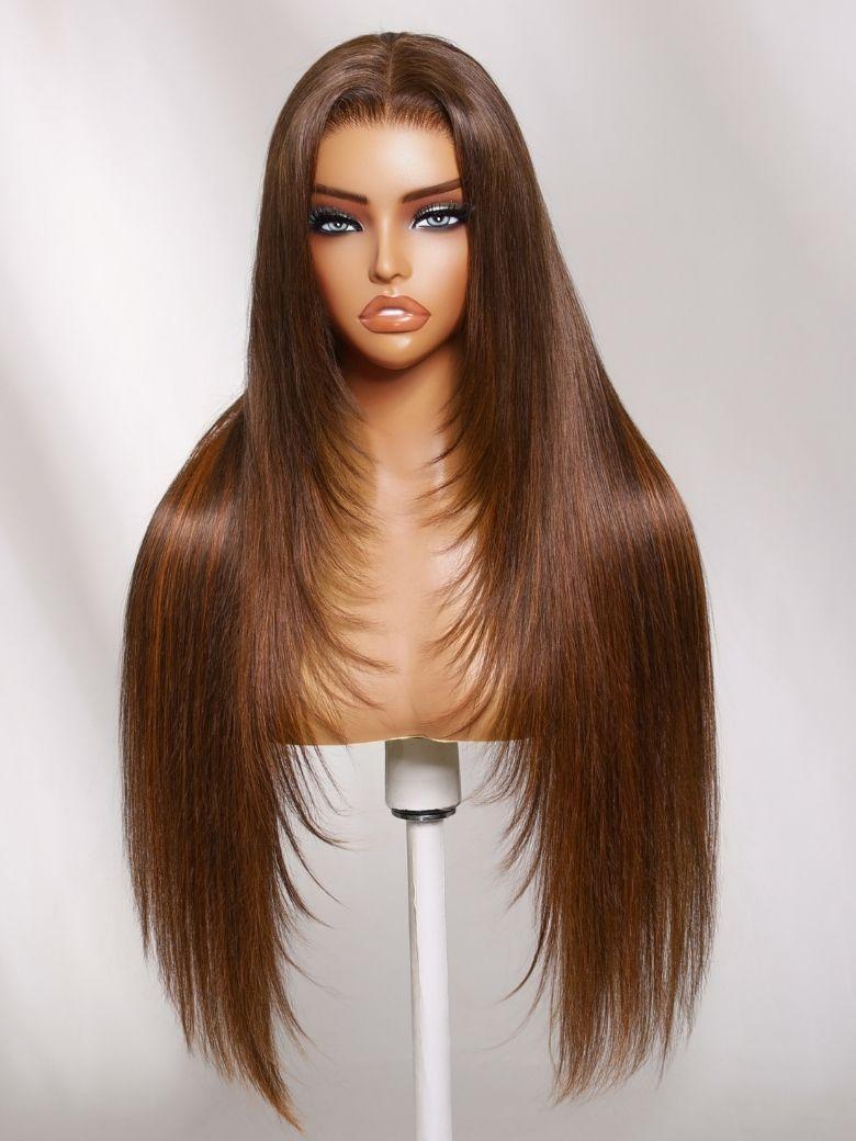 UNice 7x5 Bye-Bye Slip™ Lace Rich Brown with Golden Copper Highlights Layered Straight Glueless Wig with Invisi Drawstring