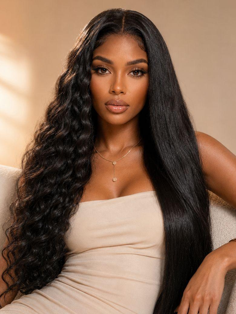 Long black hair wig with half-wavy and half-straight texture for UNice, featuring a natural middle part and transparent lace.