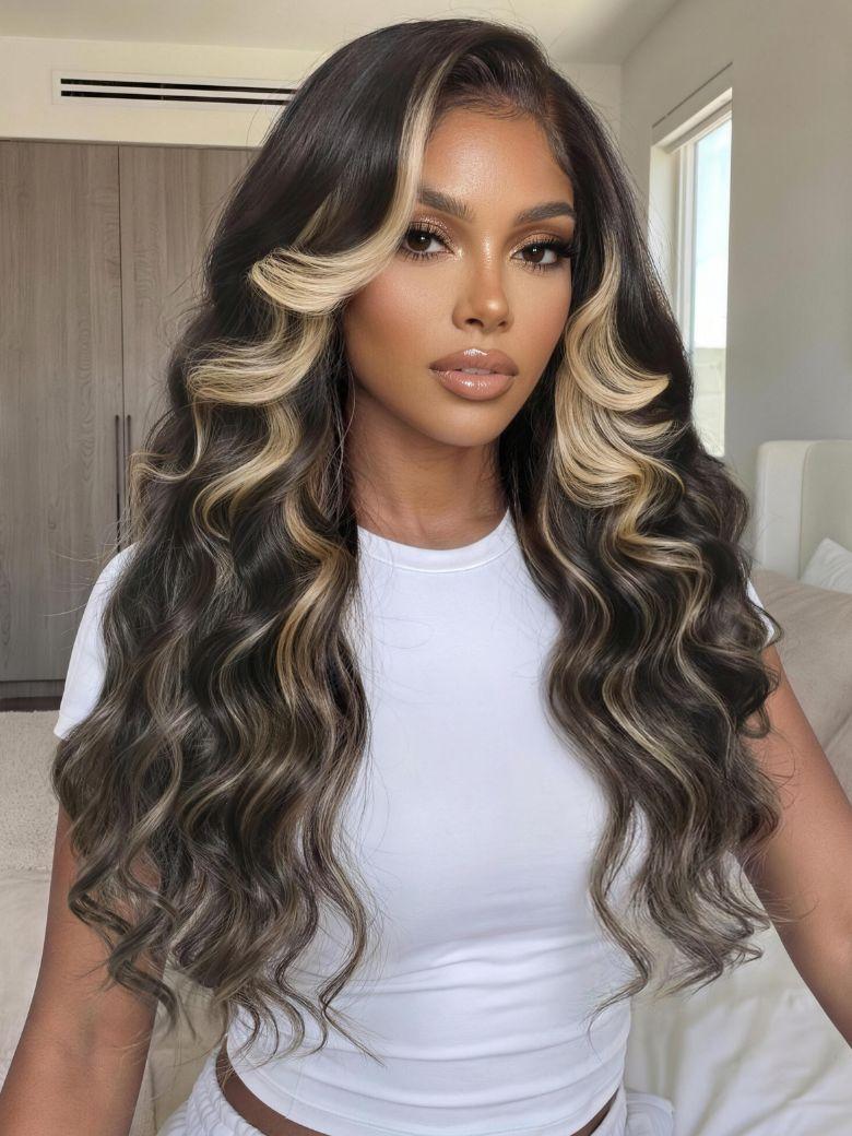 UNice 7x5 Bye-Bye Knots™ & 13x4 Pre-Everything™ Lace Frontal Pull And Go Black Fluffy Natural Loose Wave Curtain Bangs Wig with Free Ear Tape