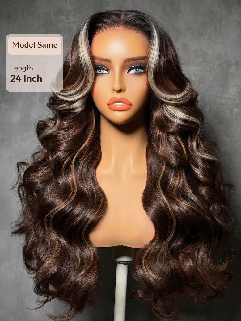 UNice 7x5 Bye Bye Slip™ Lace Chocolate Brown Loose Wave Drawstring Wig with Platinum Blonde Highlighted Face Framing Layers