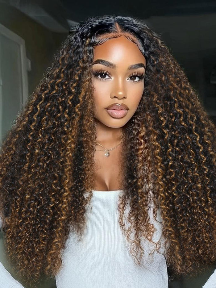 [$100-$50] UNice EasiContour™ V Part Brown Highlights with Dark Roots Jerry Curly Drawstring Wig 180% Density Protect Your Natural Hair