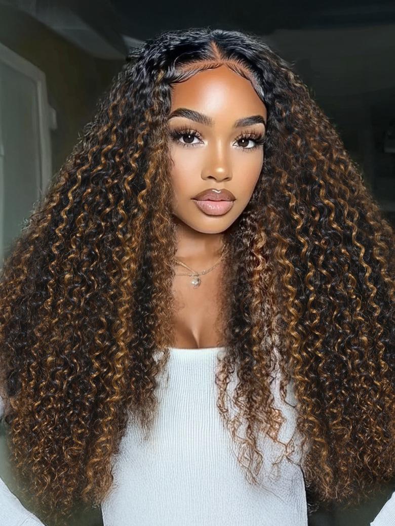 UNice EasiContour™ V Part Brown Highlights with Dark Roots Jerry Curly/Yaki Straight Drawstring Glueless Wig