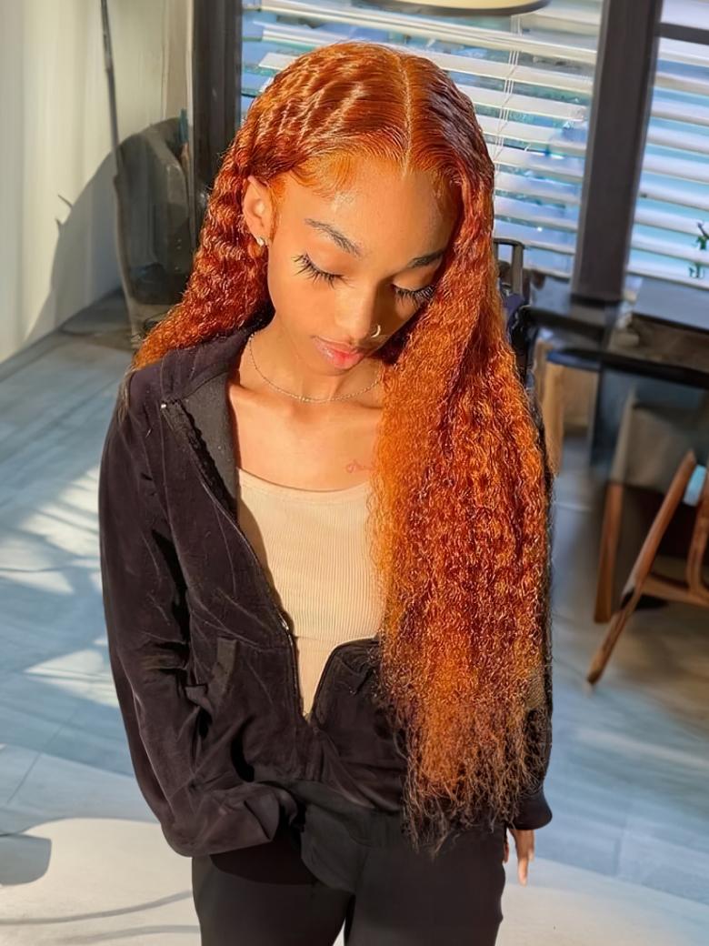 [22in=$106] Hot Ginger Color Glueless Lace Jerry Curly Human Hair Lace Part Wig 150% Density