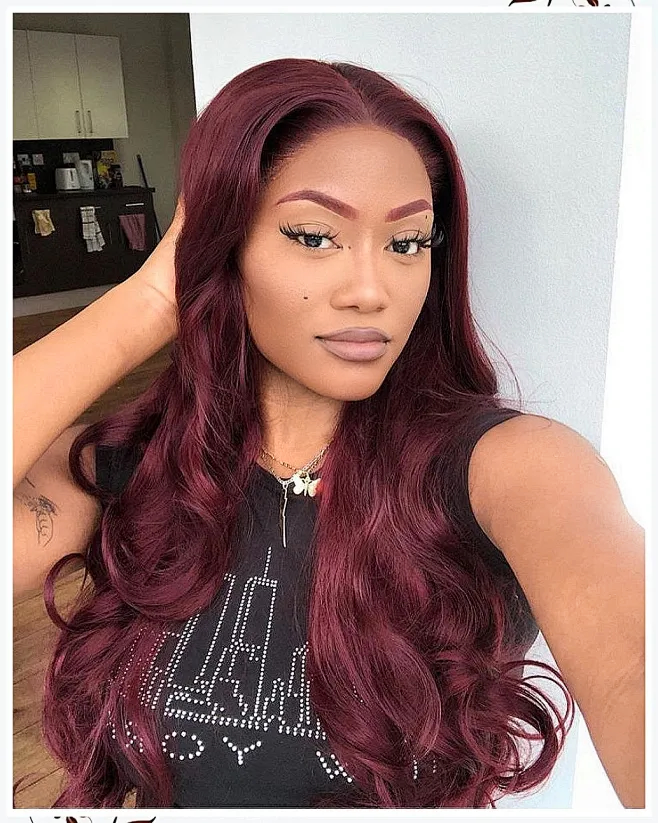 [24"=$89] Body Wave Super Bouncy Middle 4x0.75 Lace Part Burgundy 100% Human Hair Wigs