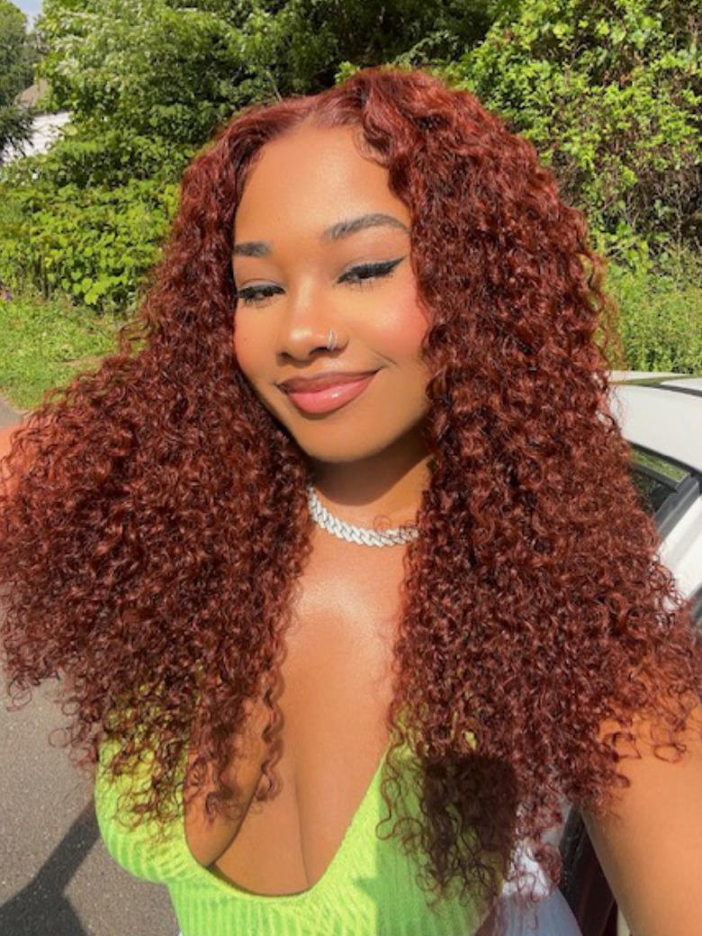 [18"=$17 by installments] 13x4 Lace Frontal Reddish Brown Curly Hair with Babyhair Pre-bleached Knots Human Hair Wig