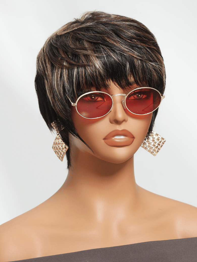 UNice Black with Light Brown Highlights Short Pixie Cut Human Hair Glueless Wig
