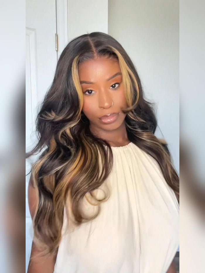 7x5 Bye-Bye Knots™ Glueless Lace Loose Wave Butterscotch Highlights Brown with Free Face Framing Bangs Wig