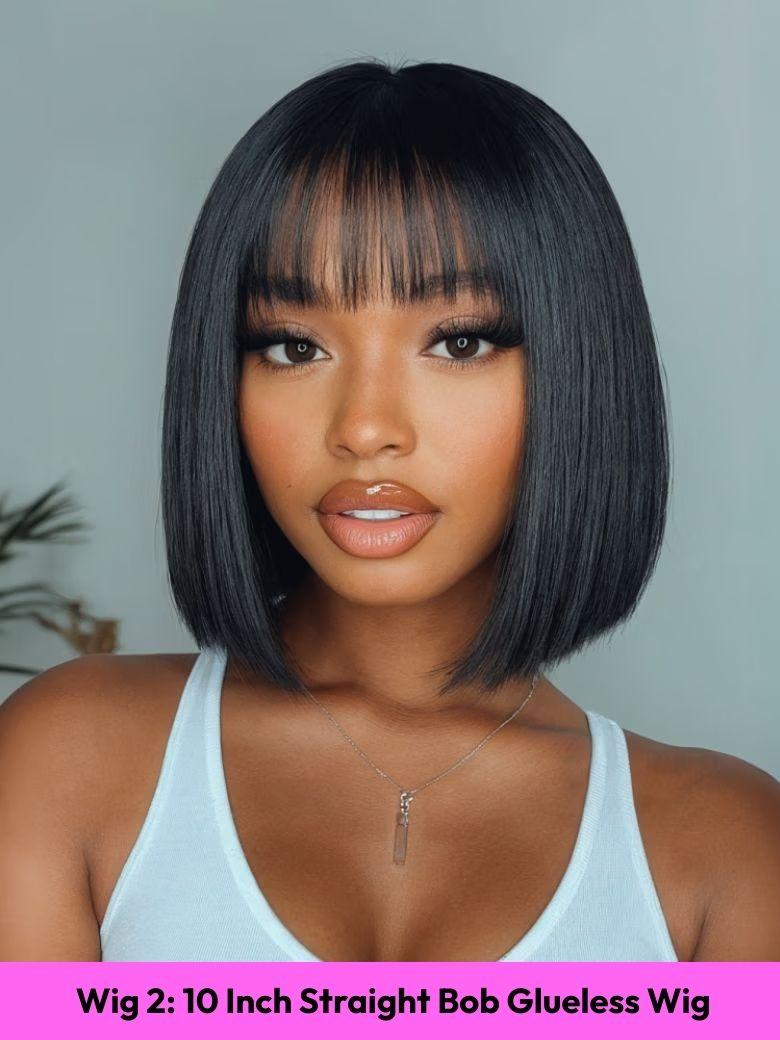 UNice Black Yaki Wig Human Hair Glueless Wig with Blunt Bangs