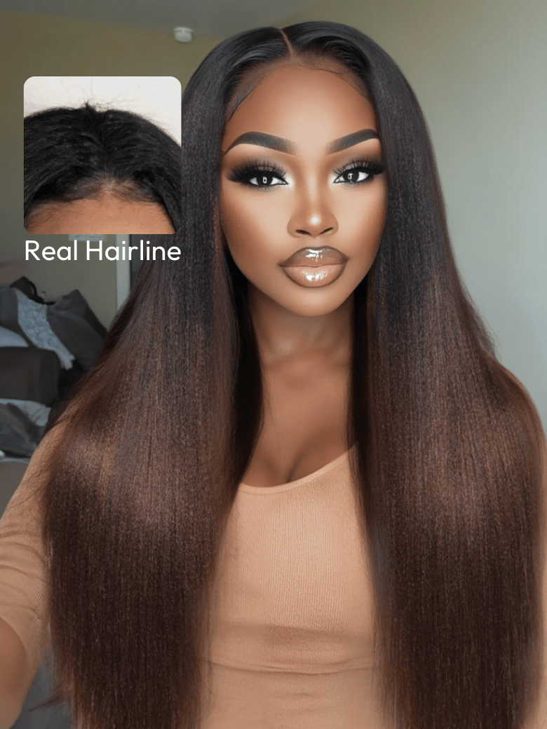 Glueless EasiContour™ V Part Black to Chestnut Brown Ombre Yaki Wig With Invisi Drawstring