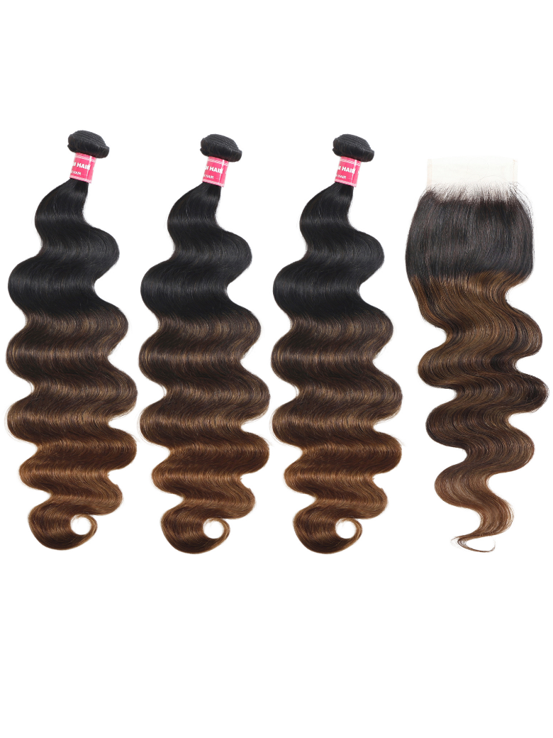 UNice Hair Bundles 3 Pcs/pack Black to Chestnut Brown Ombre Body Wave Virgin Human Hair