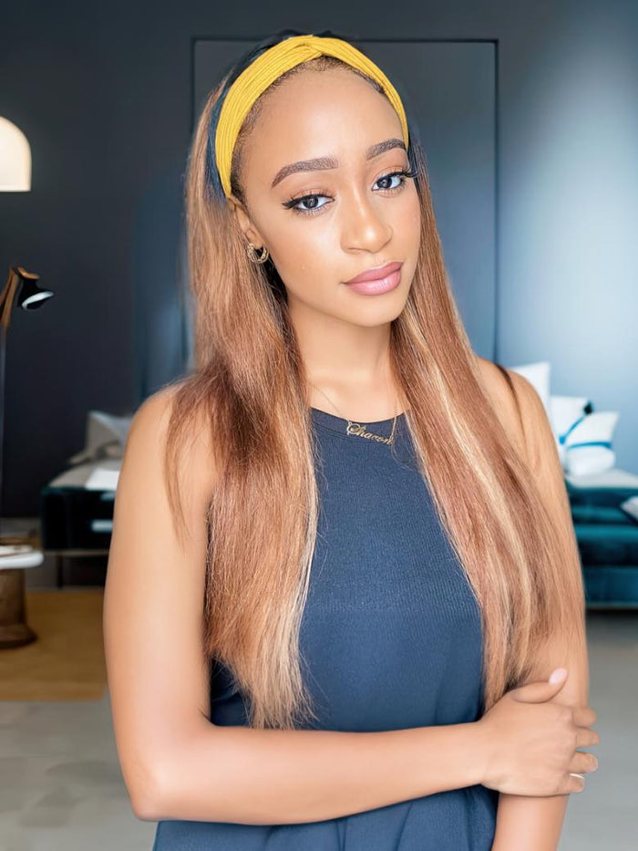 [22"=$91] Ombre Dark Roots Honey Blonde Human Hair Wig 150% Density Headband Straight Glueless Wigs