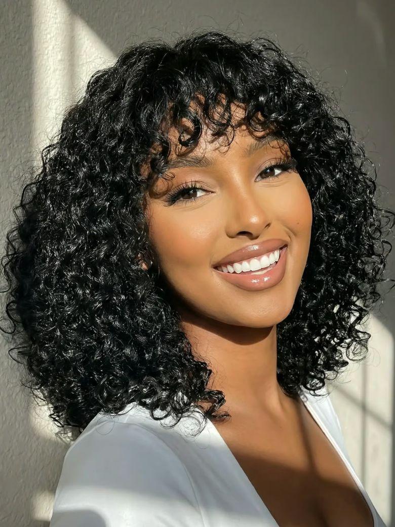 [From 18 Inch] UNice 4x0.75 Lace Shaggy Natural Black Defined Curly Wig with Bangs for Beginner
