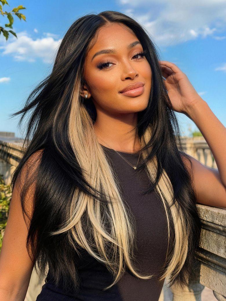 UNice Bye-Bye Knots™ 7x5 Lace Black with Blonde Peekaboo Highlights Layered Straight Wigs with Invisi Drawstring