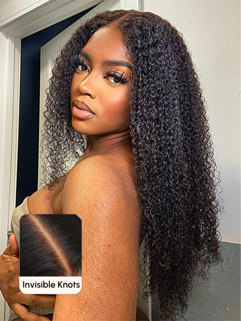 Bye Bye Knots Wig 7x5 Glueless Lace Black Kinky Curly Wig With Bleached Knots 180% Density