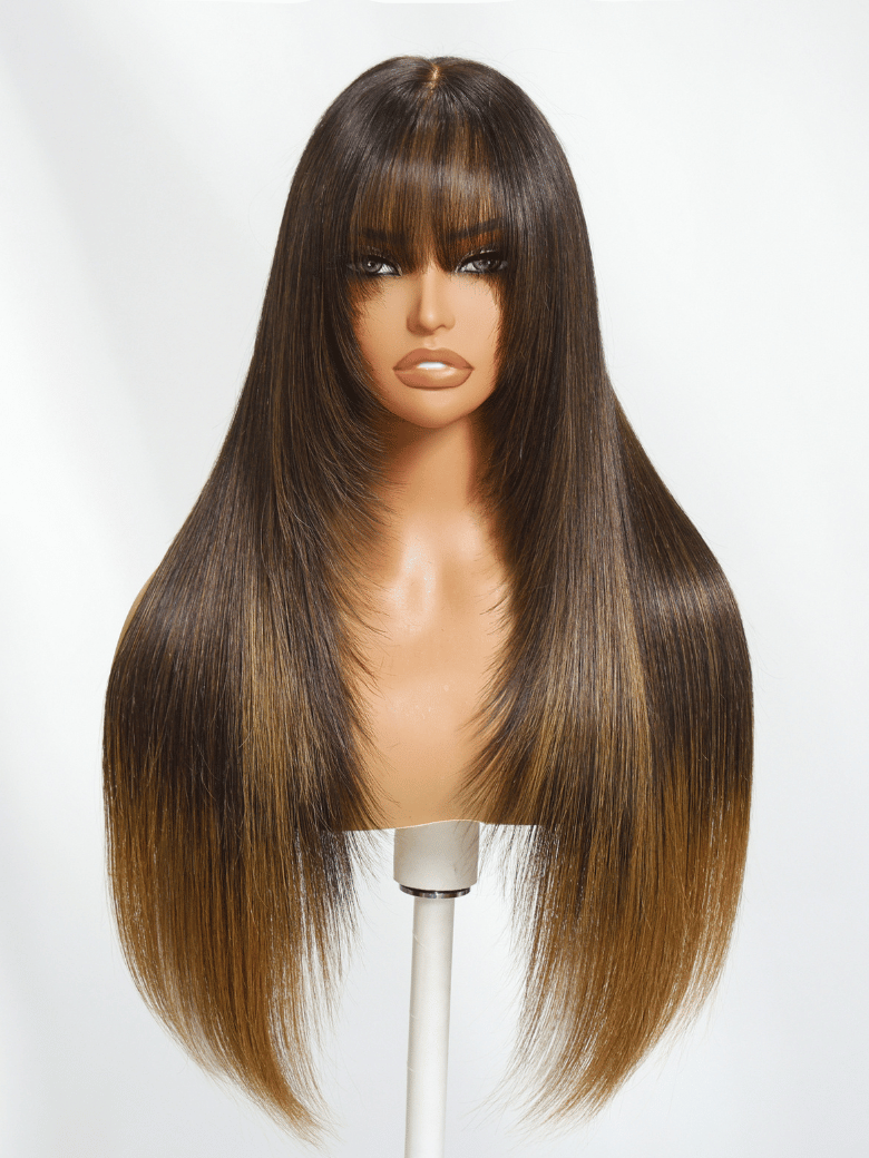 UNice Bye-Bye Knots 7x5 Lace Brown to Blonde Ombre Layered Straight Wig With  Wispy Bangs