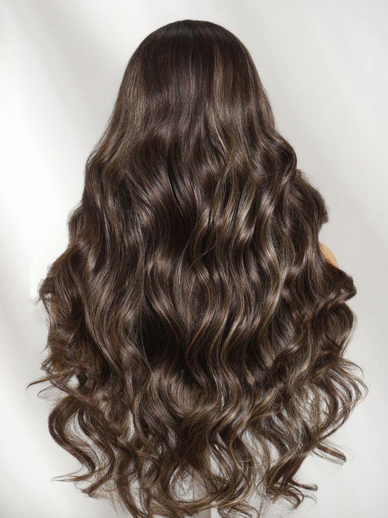 UNice 13x4 Bye Bye Slip™ Lace Frontal Dark Chocolate Brown with Caramel Highlights Body Wave Wig with Side Part Bangs
