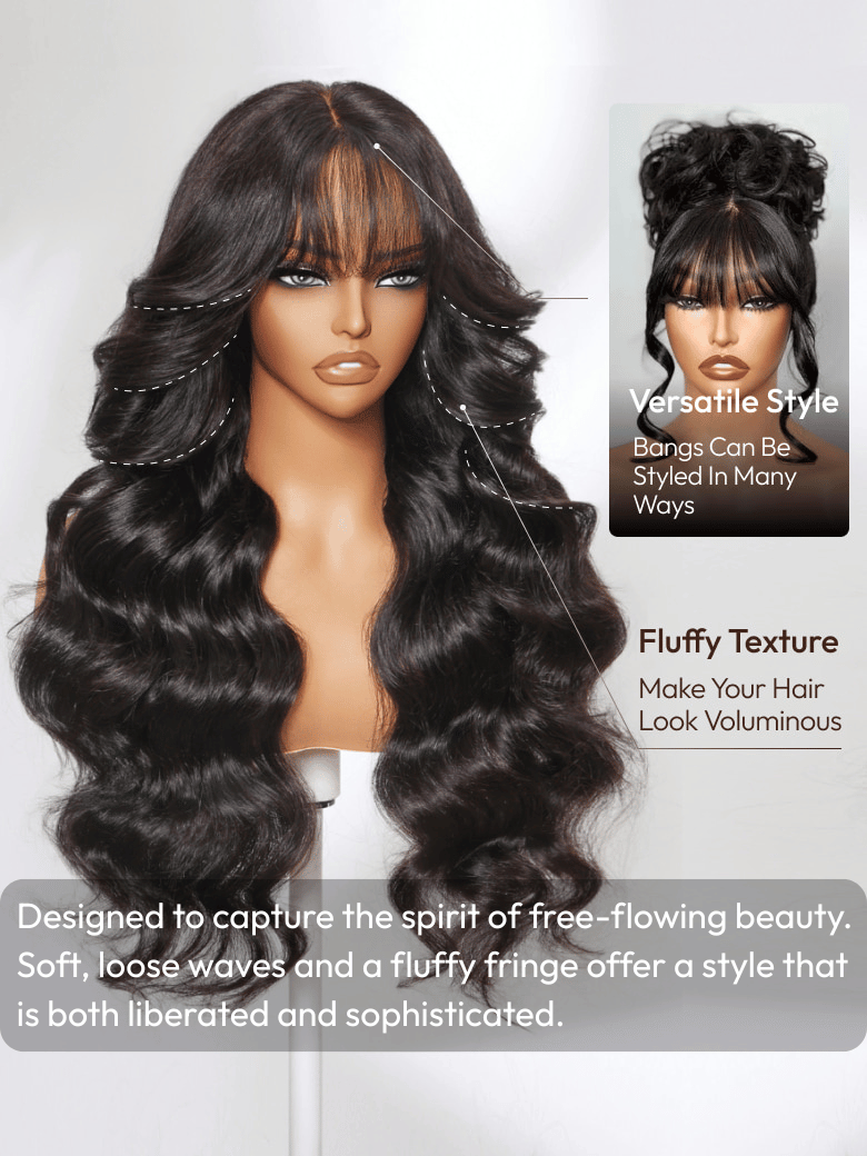 UNice 13x4 Pre-Everything™ Lace Frontal Black Fluffy Natural Loose Wave Curtain Bangs Wig