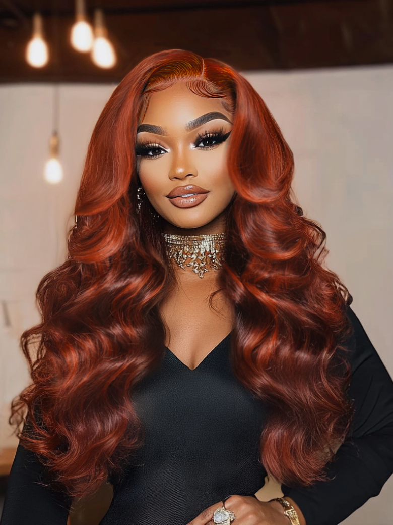 [Discount x2] UNice Bye-Bye Knots 7x5 Lace Loose Wave Red Orange Highlights Wig with Face Framing Layers 150% Density