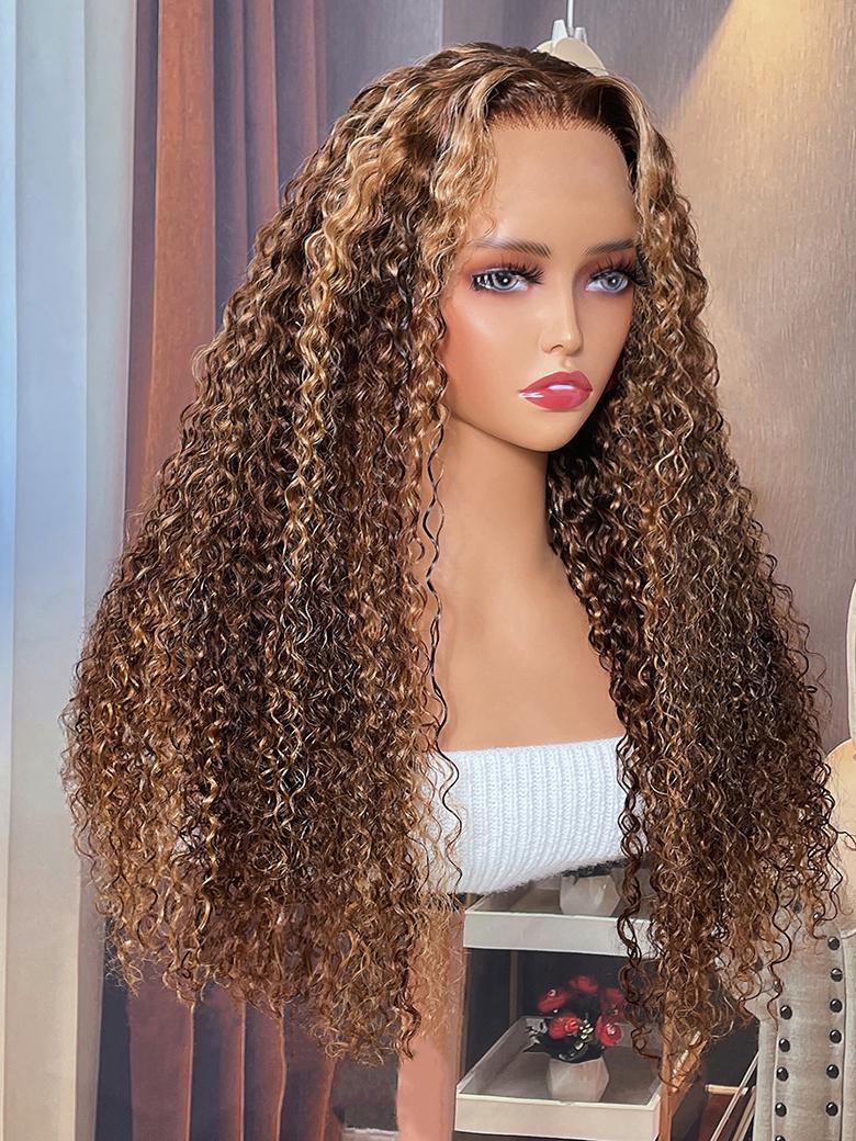 [180% Density] Bye Bye Knots Wig 7x5 Glueless Lace Honey Brown Highlights Jerry Curly Wig With Bleached Knots