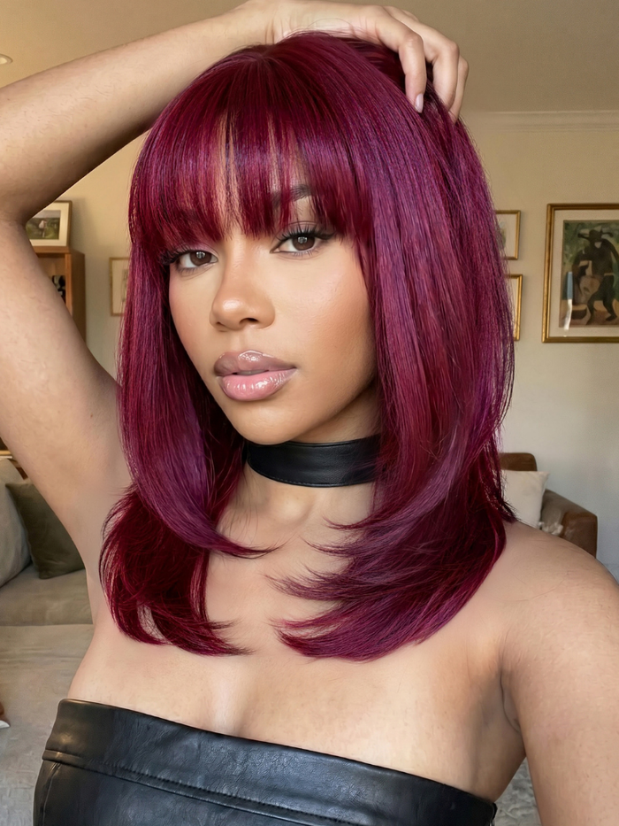 UNice Machine Made Glueless 99J Burgundy Layered Blowout Bob Wig with Wispy Bangs