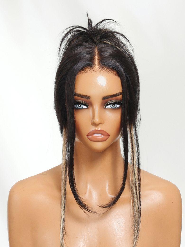 UNice Bye-Bye Knots™ 7x5 Lace Black with Blonde Peekaboo Highlights Layered Straight Wigs with Invisi Drawstring