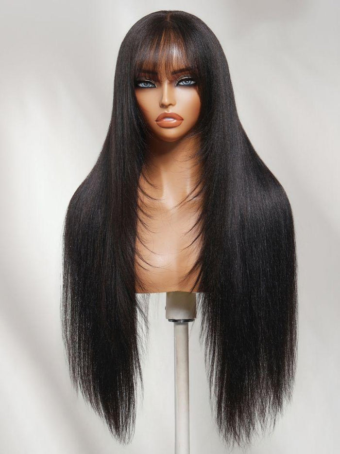 UNice 7x5 Bye Bye Slip™ Lace Black Glueless Long Layered Yaki Straight Drawstring Wig with Wispy Bangs