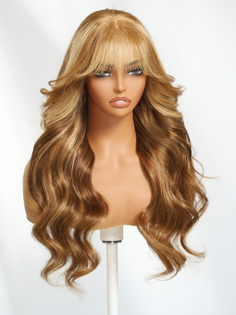 UNice 13x4 Pre-Everything™ Lace Frontal Honey Blonde Highlights Fluffy Loose Wave Curtain Bangs Wig