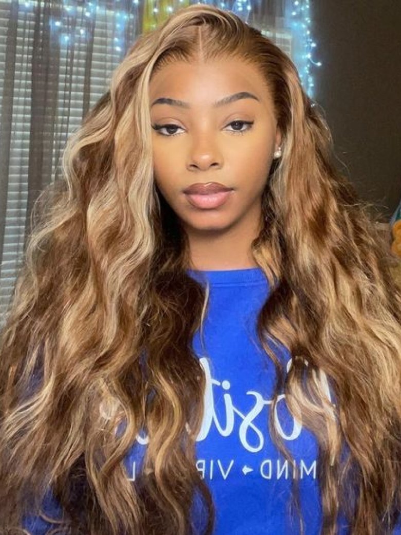 [24"=$136] 13x4 Lace Front Honey Blonde Highlight Wigs Human Hair Body Wave Colored Wigs