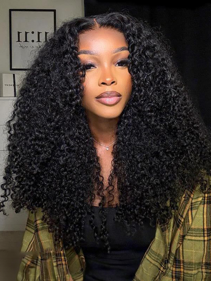[22"=$98] Kinky Curly Super Bouncy Middle Part Lace Natural Black Human Hair Wigs