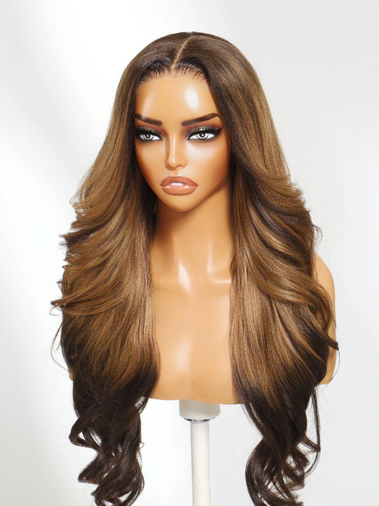 UNice 13x4 Pre-Everything™ Lace Frontal Brown Balayage Loose Wave Glueless Drawstring Wig with Layered Curtain Bangs