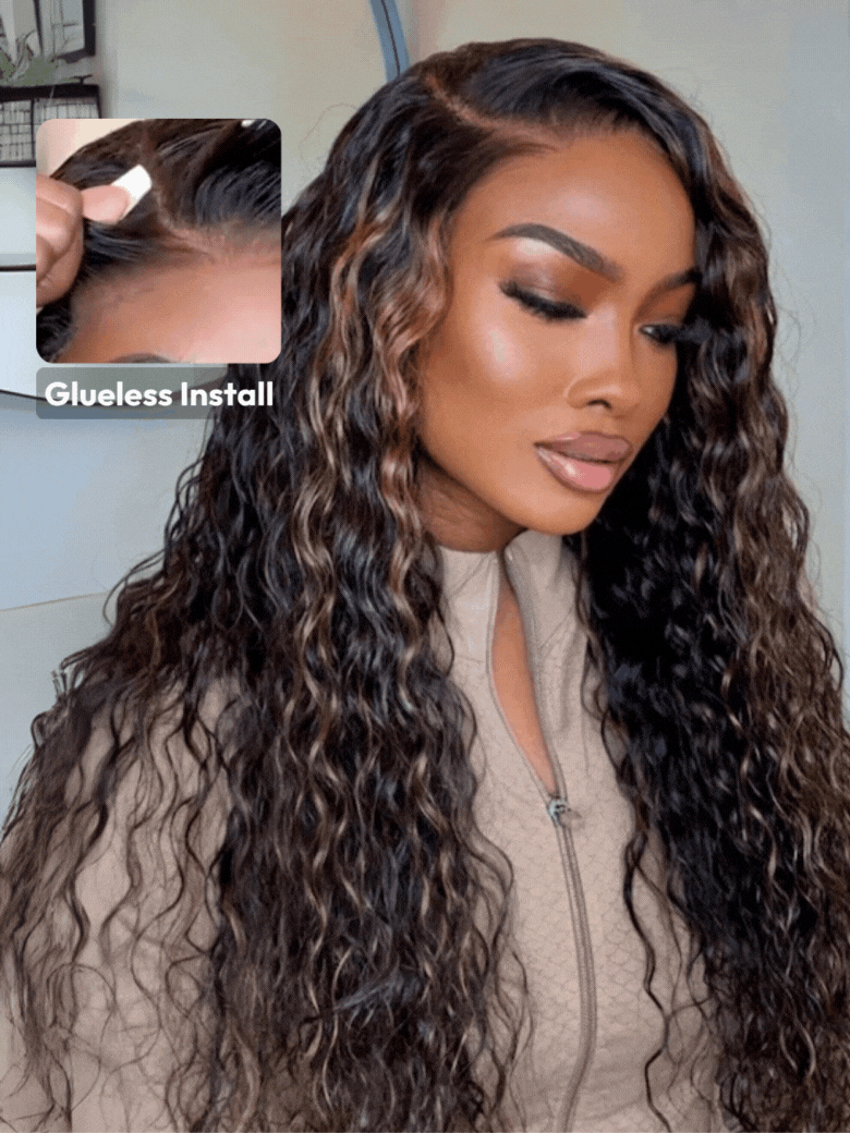 UNice Bye-Bye Knots 7x5 Lace Water Wave Black Wig With Golden Brown Highlights