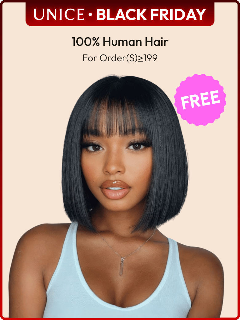 Exclusive 100% Human Straight Black Bob Wig  with Blunt Bangs