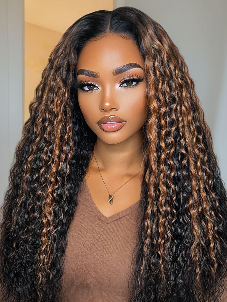 UNice Bye-Bye Knots™ 7x5 Lace Black with Caramel Piano Highlights Water Wave Wig With Invisi Drawstring 150% Density