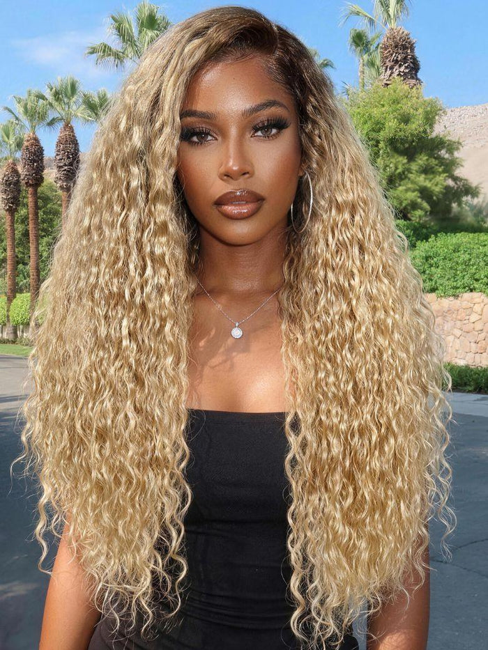 UNice 13x4 Bye Bye Slip™ Lace Frontal Light Blonde With Dark Roots Glueless Water Wave Side Part Wig with Invisi Drawstring