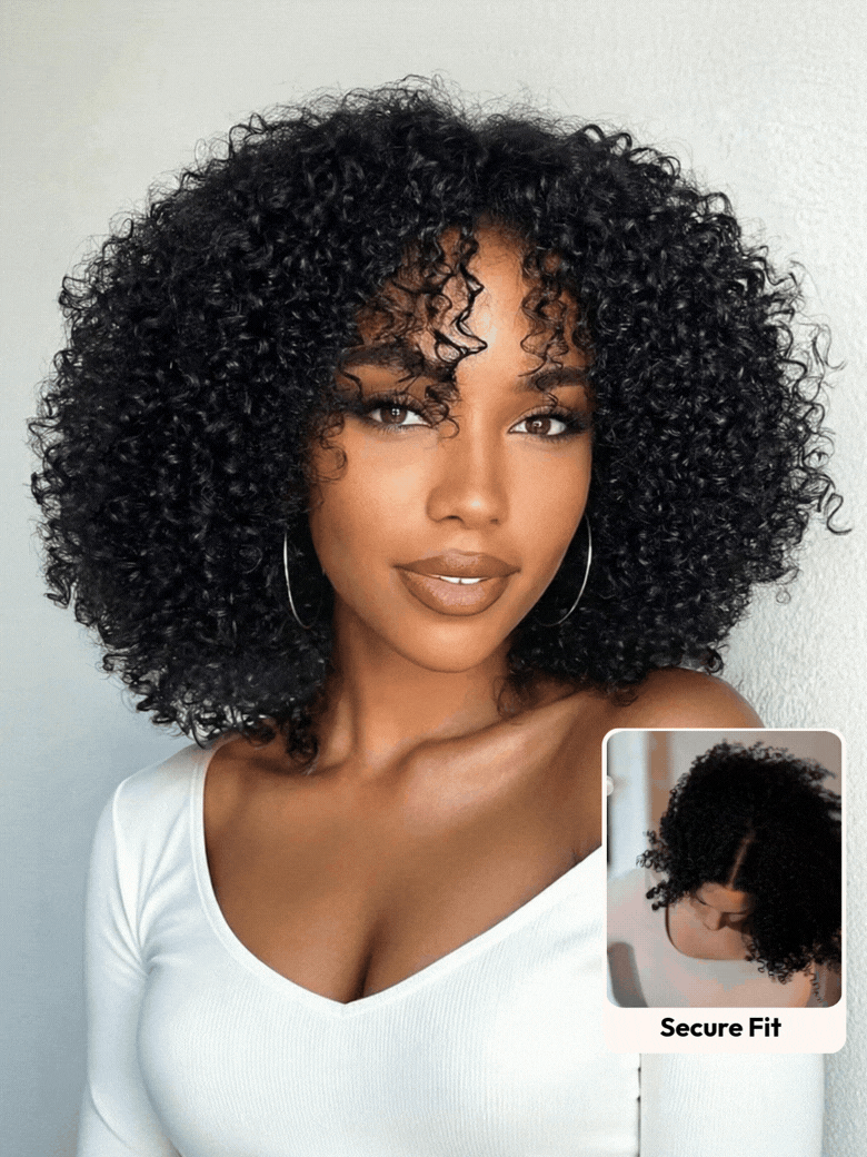 UNice 7x5 Bye Bye Slip™ Lace Natural Black Afro Kinky Curly with Finger Coil Ends Drawstring Wig 180% Density