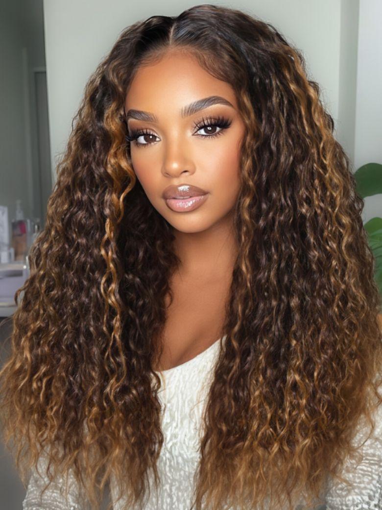 UNice Bye-Bye Knots™ 7x5 Lace Dark Toffee Brown with Auburn Highlights Water Wave with Invisi Drawstring Wig