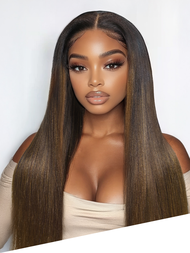 20inch 7x5 Bye-Bye Knots Lace Black to Chestnut Brown Ombre Yaki Straight Wig With Invisi Drawstring