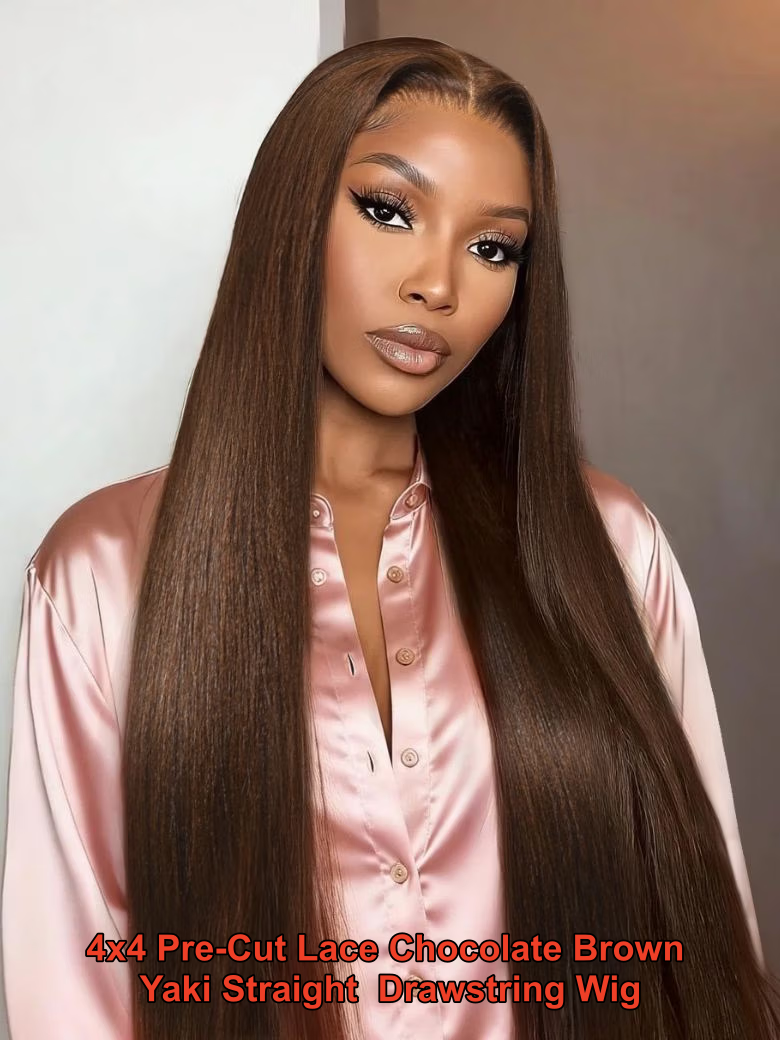 [24"=$149] 5x5 HD Reddish Brown body wave & 4x4 Pre-Cut Lace Chocolate Brown Yaki Straight Glueless With Drawstring Wig