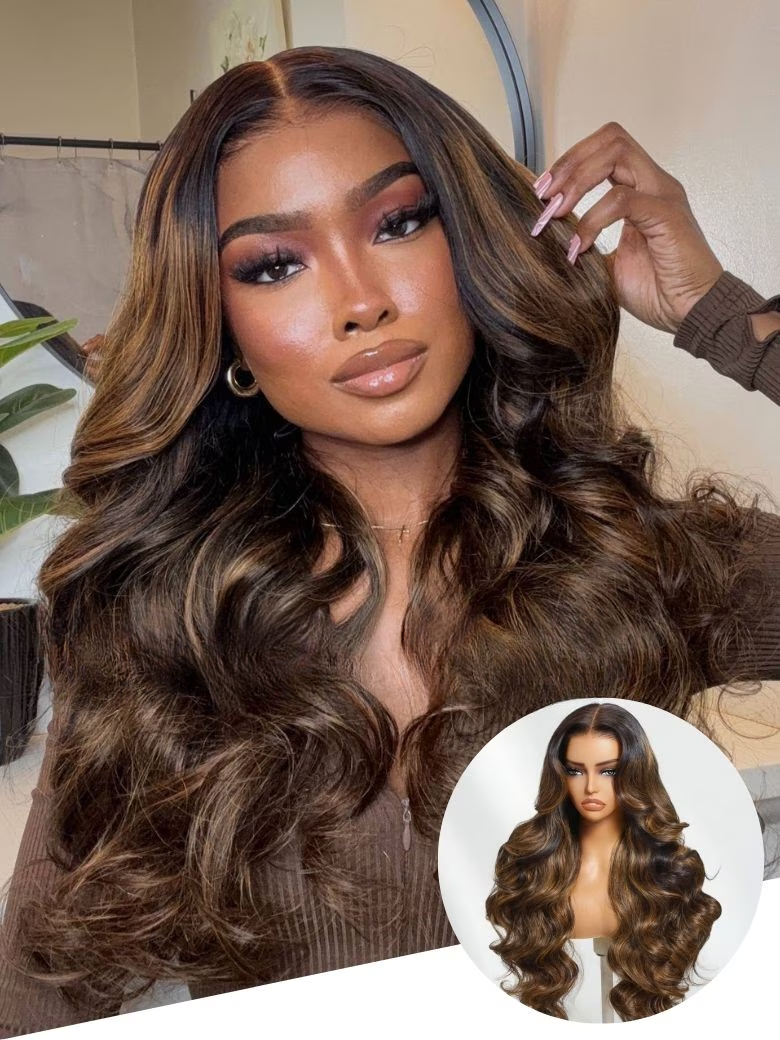 7x5 Bye Bye Knots™ Wig With Drawing Glueless Lace Balayage Highlight Bouncy Body Wave Wig No Burden
