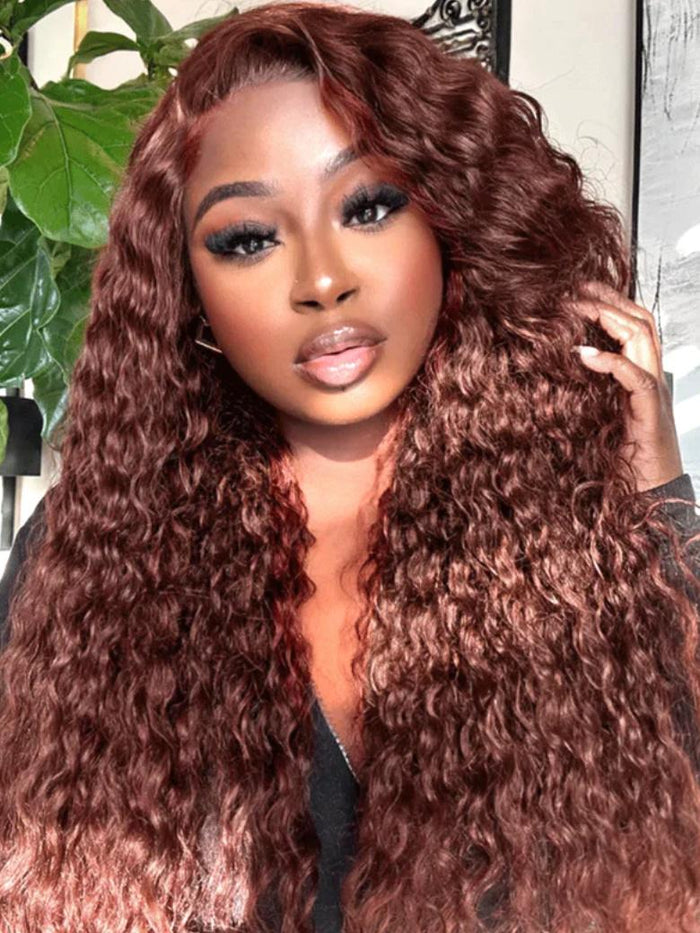[180% Density] 24'' Reddish Brown Water Wave 13x4 Pre Everything Glueless Wig Pre-Cut Lace Pre-Bleached Knots