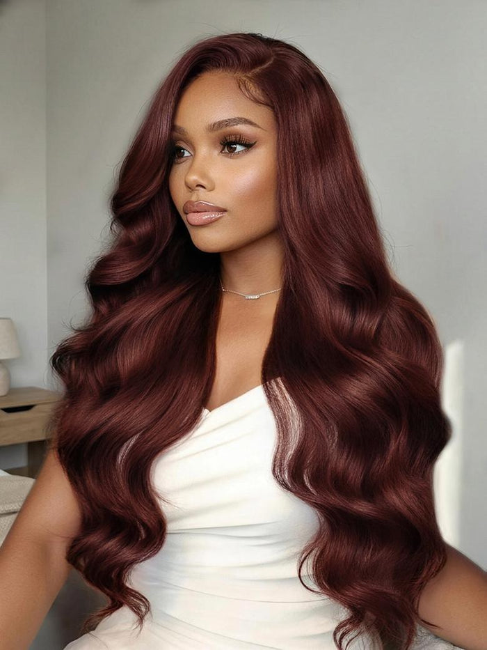 7x5 Bye Bye Slip Wig Glueless Lace Flattering Sun-Kissed Warm Tones Reddish Brown Body Wave Bleached Knots Drawstring Wig 150% Density