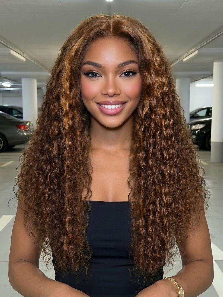 UNice 13x4 Bye Bye Slip™ Lace Frontal Brown with Caramel Highlights Glueless Curly Wig with Dark Roots