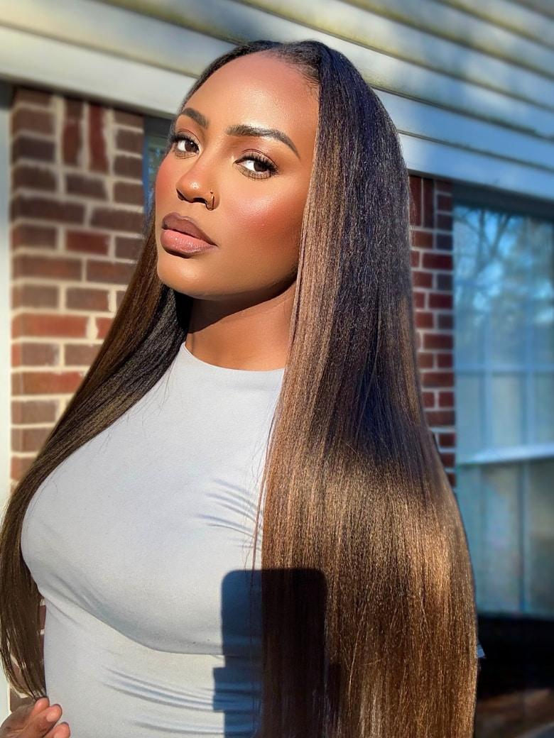UNice EasiContour™ V Part Black to Chestnut Brown Ombre Yaki Wig With Invisi Drawstring