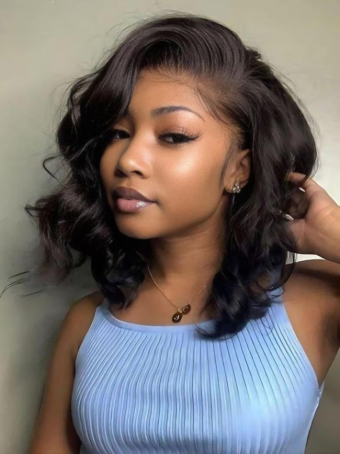 [Droped $20] UNice 4x4 Lace Closure & 7x5 Bye-Bye Knots Black Bob Wig With Side Swept Bangs