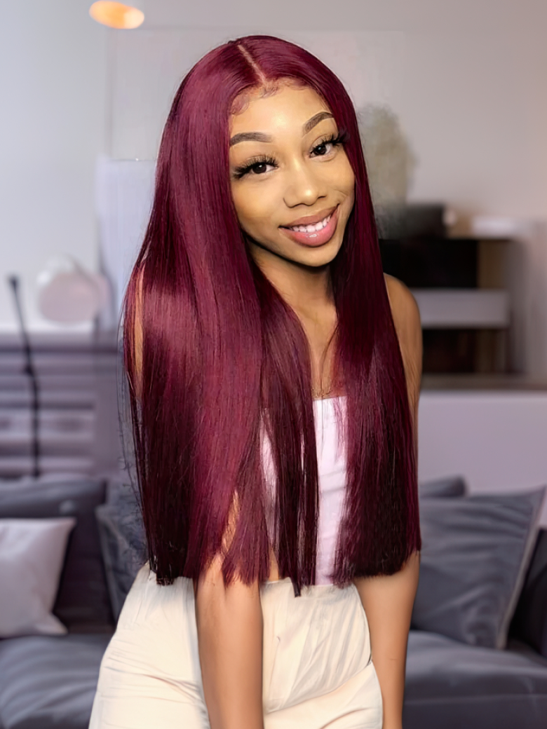 Unice 99J Straight Lace Part Human Hair Wigs Pre Plucked Burgundy Hand Tied Natural Hairline 150% Density Flash Sale