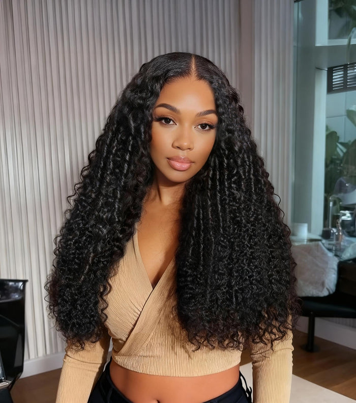 18''-22'' UNice 7x5 Lace Bye-Bye Knots Black Defined Coils 3C-4A Blend Curly Wig with Invisi Drawstring